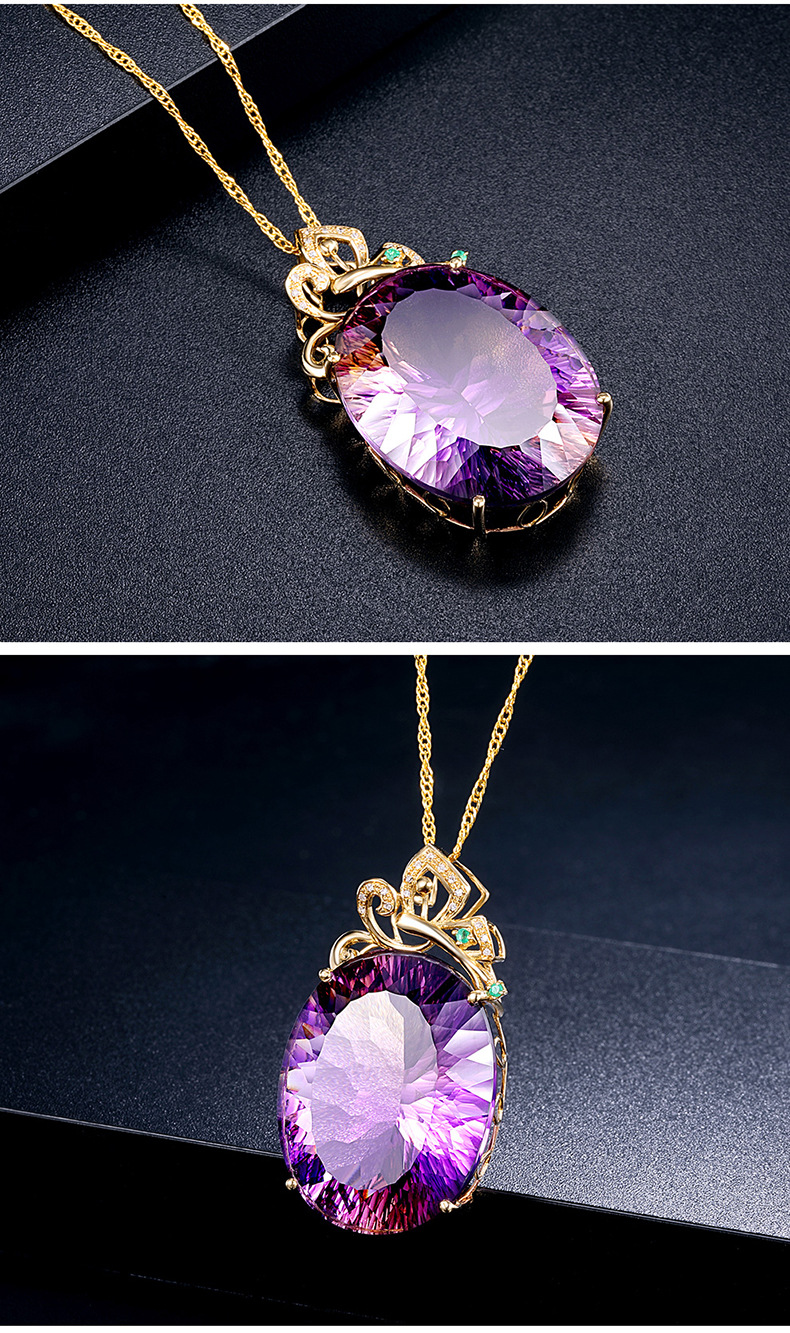 韩版大裸石紫水晶吊坠 创意紫黄晶镀18k玫瑰金镶钻镶嵌宝石挂坠
