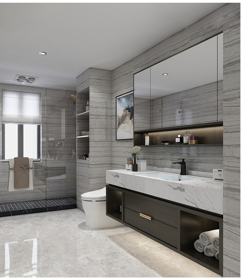 现代轻奢浴室柜北欧卫生间大理石洗手盆柜组合实木智能洗漱台盆柜