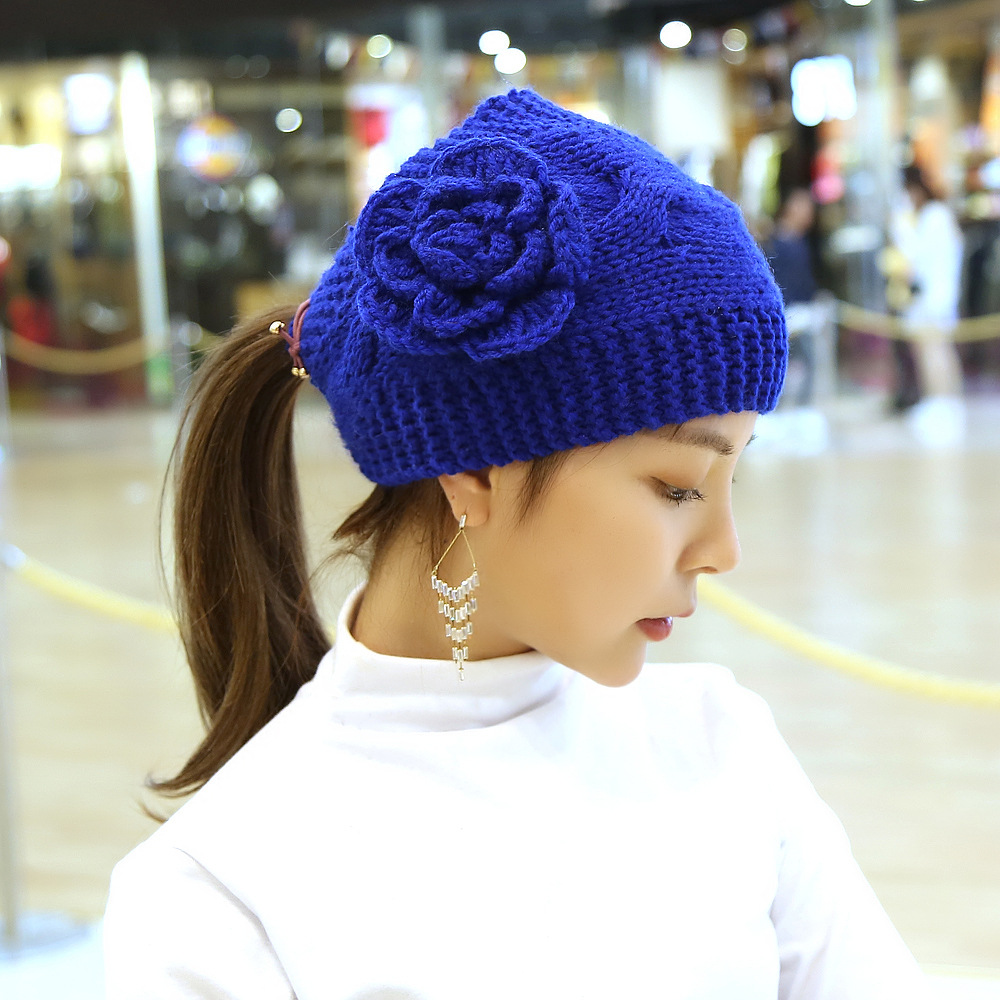 一件代发手工针织毛线镶花朵发带 秋冬款手工针织毛线发带女