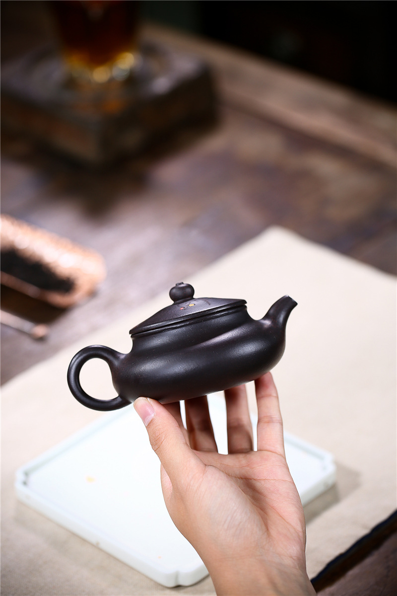 宜兴紫砂壶全手工名家原矿黑金砂斗笠茶壶手绘寒梅花茶壶网店代销