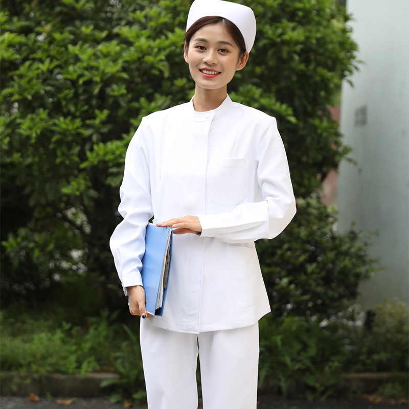 护士服长袖女分体套装白色粉红天蓝偏襟立领医生护士工作服绣印字