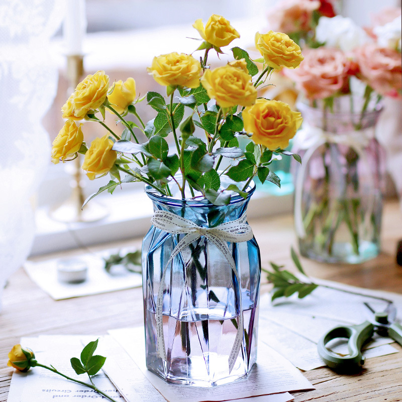 欧式创意玻璃花瓶透明彩色竖棱水培工艺玻璃花瓶客厅装饰插花摆件