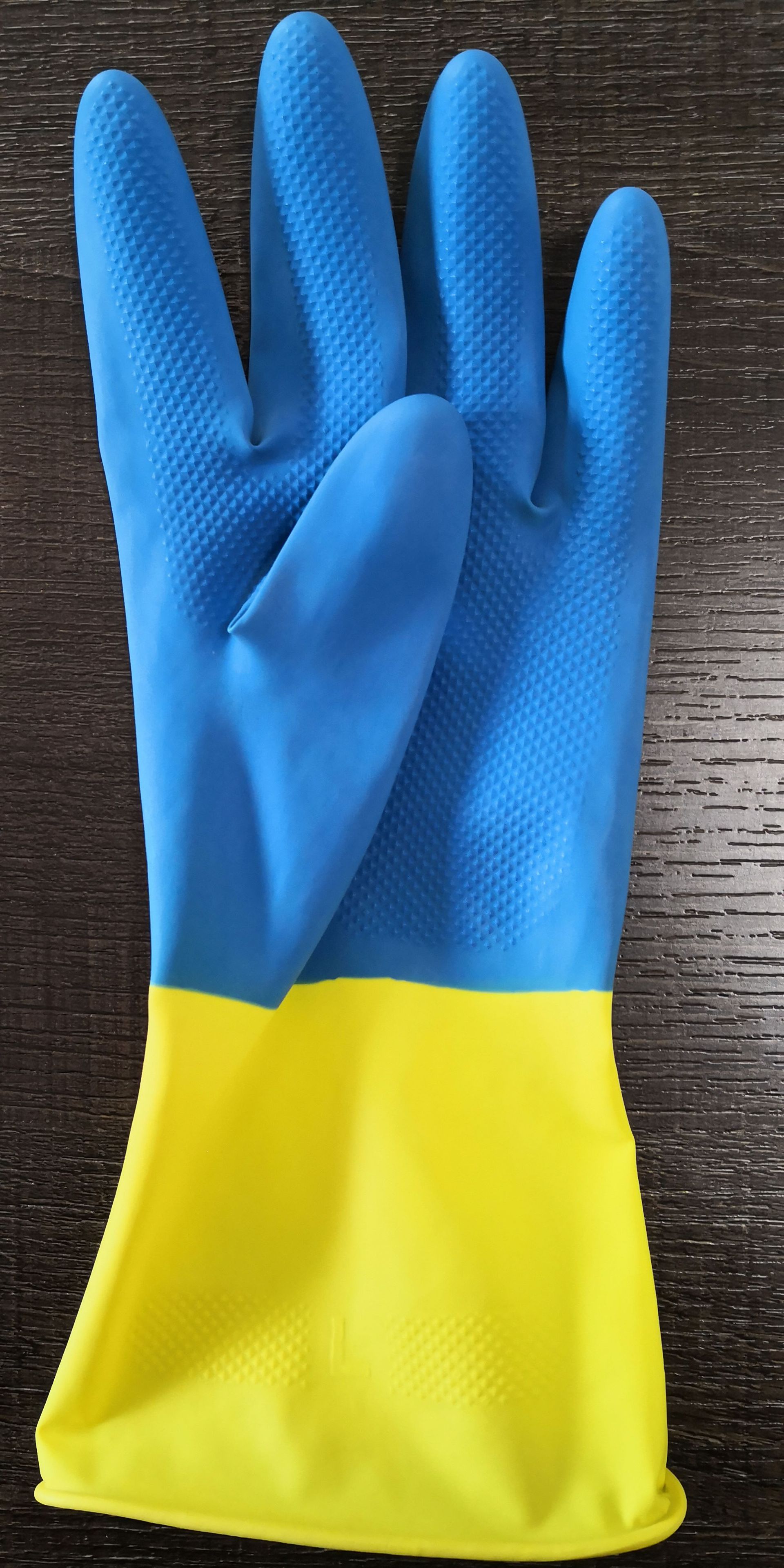 蓝黄双色牛津乳胶手套家务洗碗橡胶防水塑胶厨房胶皮劳保手套