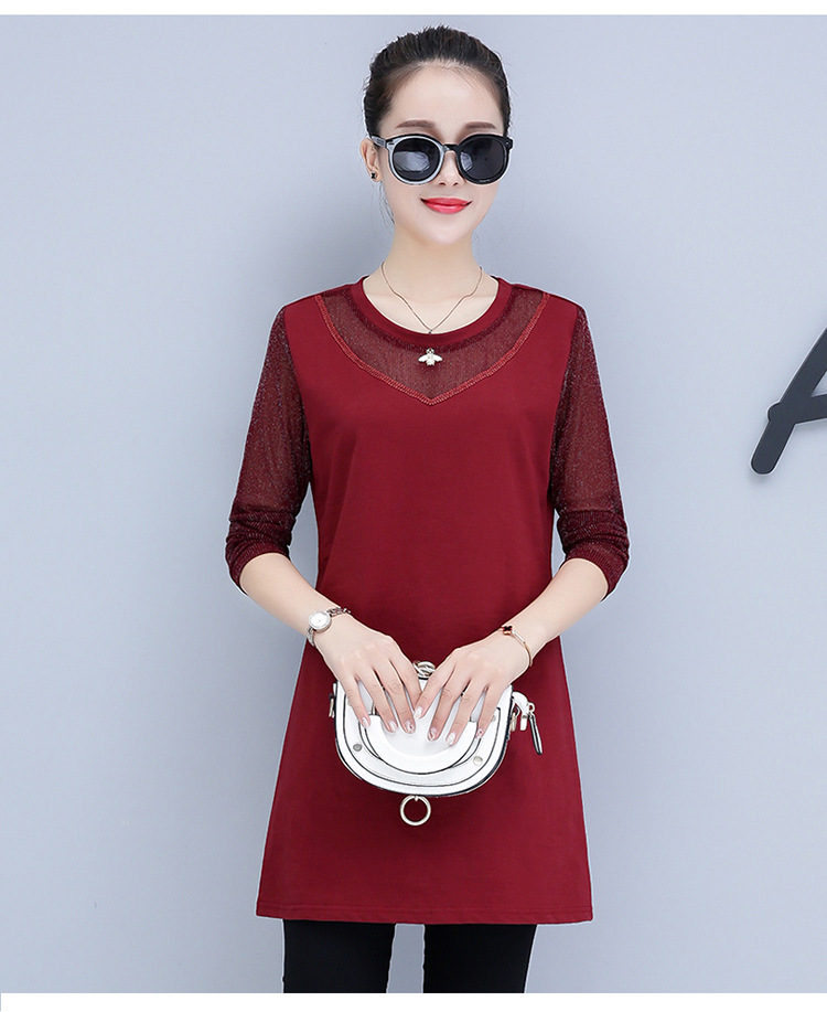 中长款长袖t恤女秋装大码女装上衣胖mm宽松遮肚网纱打底衫棉春装