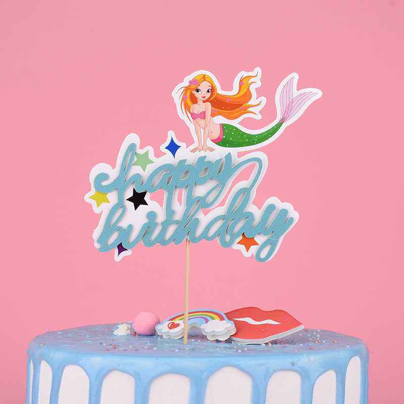 创意双层蛋糕装饰插牌镭射彩虹独角兽美人鱼生日蛋糕插旗插牌摆件