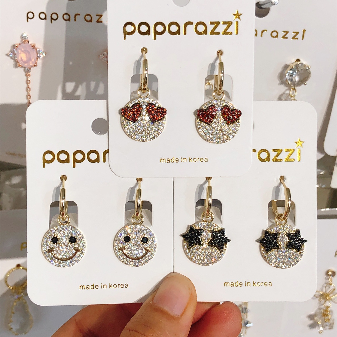 同款韩国s925时尚惊讶表情包满钻笑脸爱心清新铜扣耳饰耳环