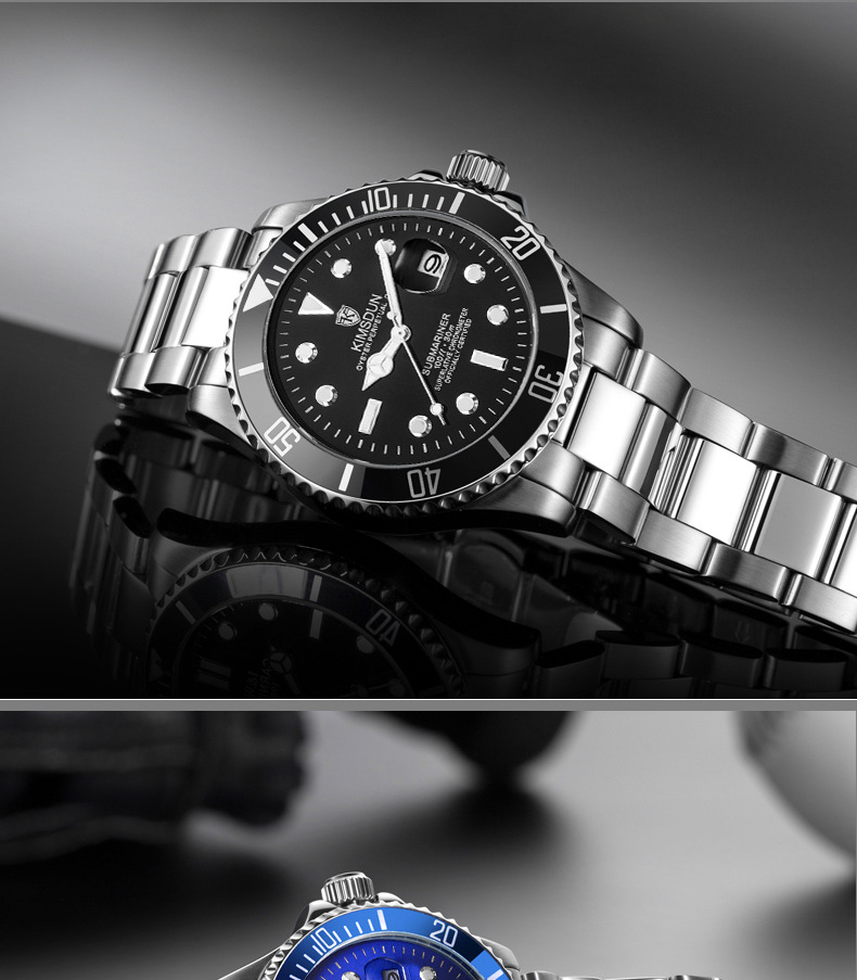 kimsdun品牌爆款黑水鬼不锈钢带男士机械手表防水夜光全自动手表