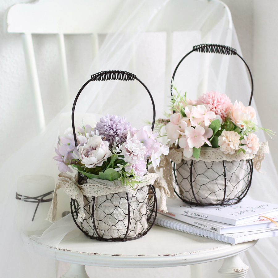 春款 铁艺花篮北欧风仿真花盆景套装假花工艺品油画系装饰客厅