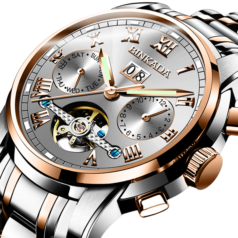 正品宾卡达手表男士全自动机械表时尚商务夜光镂空钢带男腕表防水