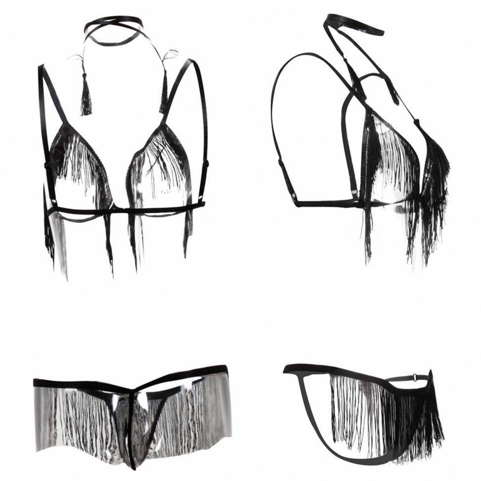 黑色漏乳流苏三点内裤性感三点式女情趣内衣套装