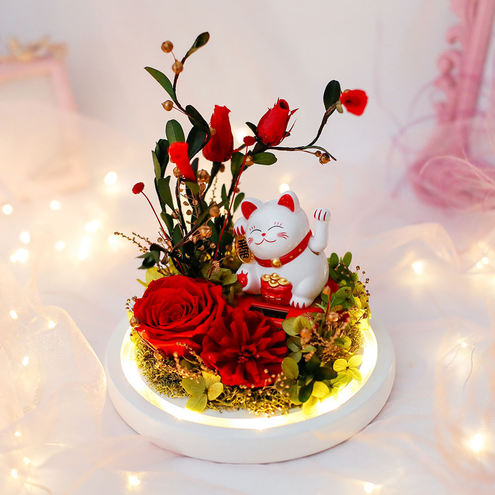 永生花招财猫玻璃罩成品开业礼品玫瑰花商务礼盒装饰摆件