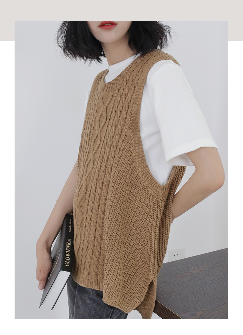 2019秋季新款纯色针织背心 韩版圆领短款粗针麻花针织马甲上衣