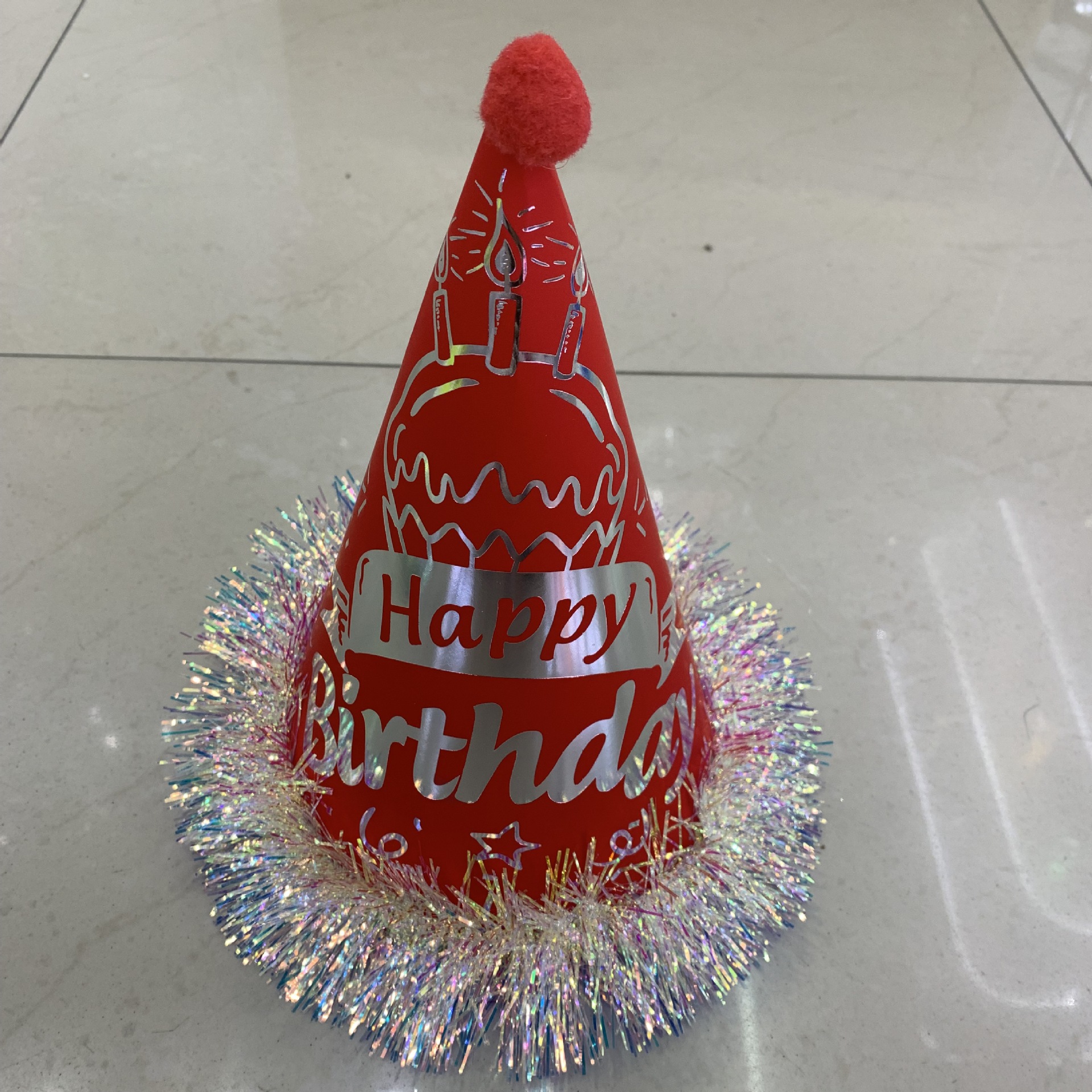 24cm英文荧光烫金雨丝生日快乐帽 儿童尖角派对生日帽子批发
