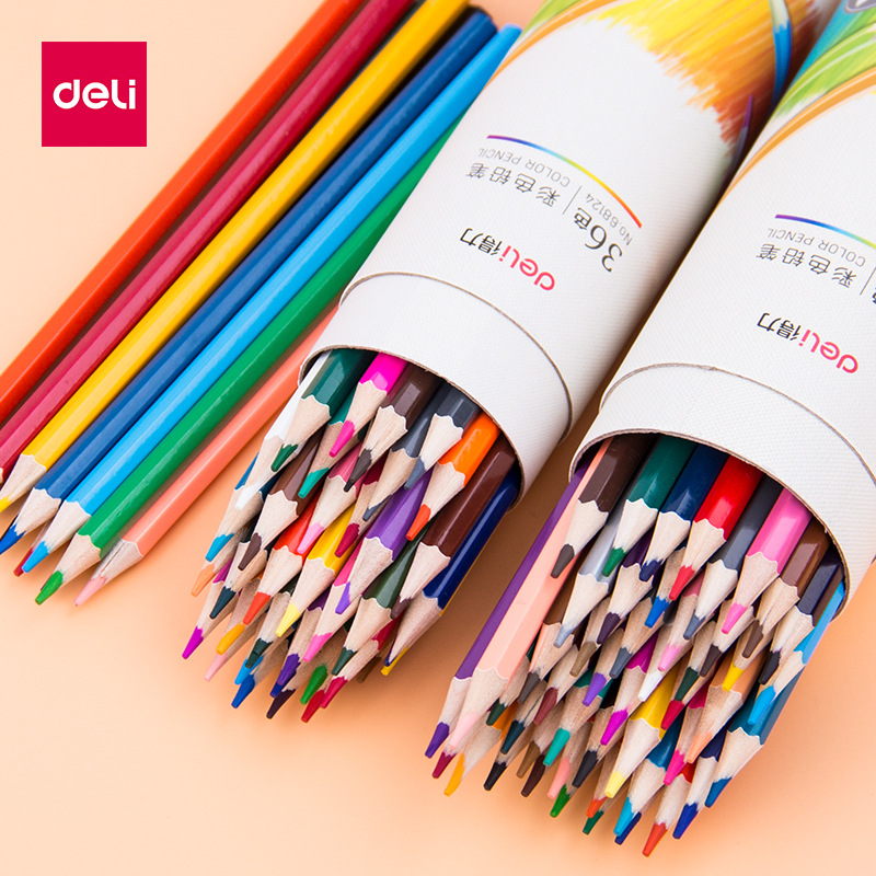 得力彩色铅笔12/24/36/48色可擦儿童彩色铅笔绘画桶装入门级