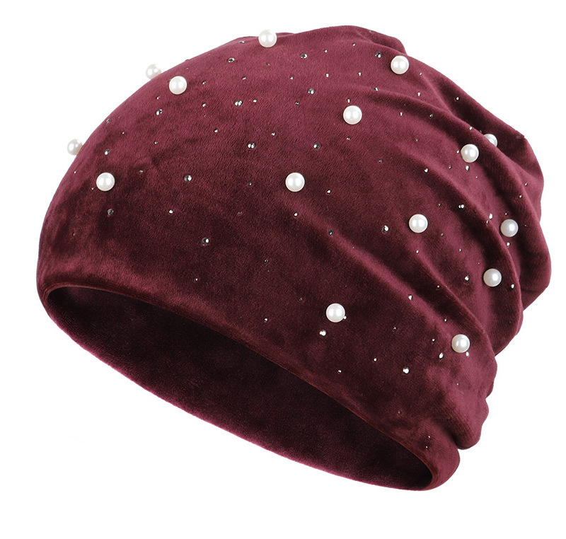 跨境包头堆堆天鹅绒珍珠针织帽秋冬女士女孩保暖毛线帽子2019新款