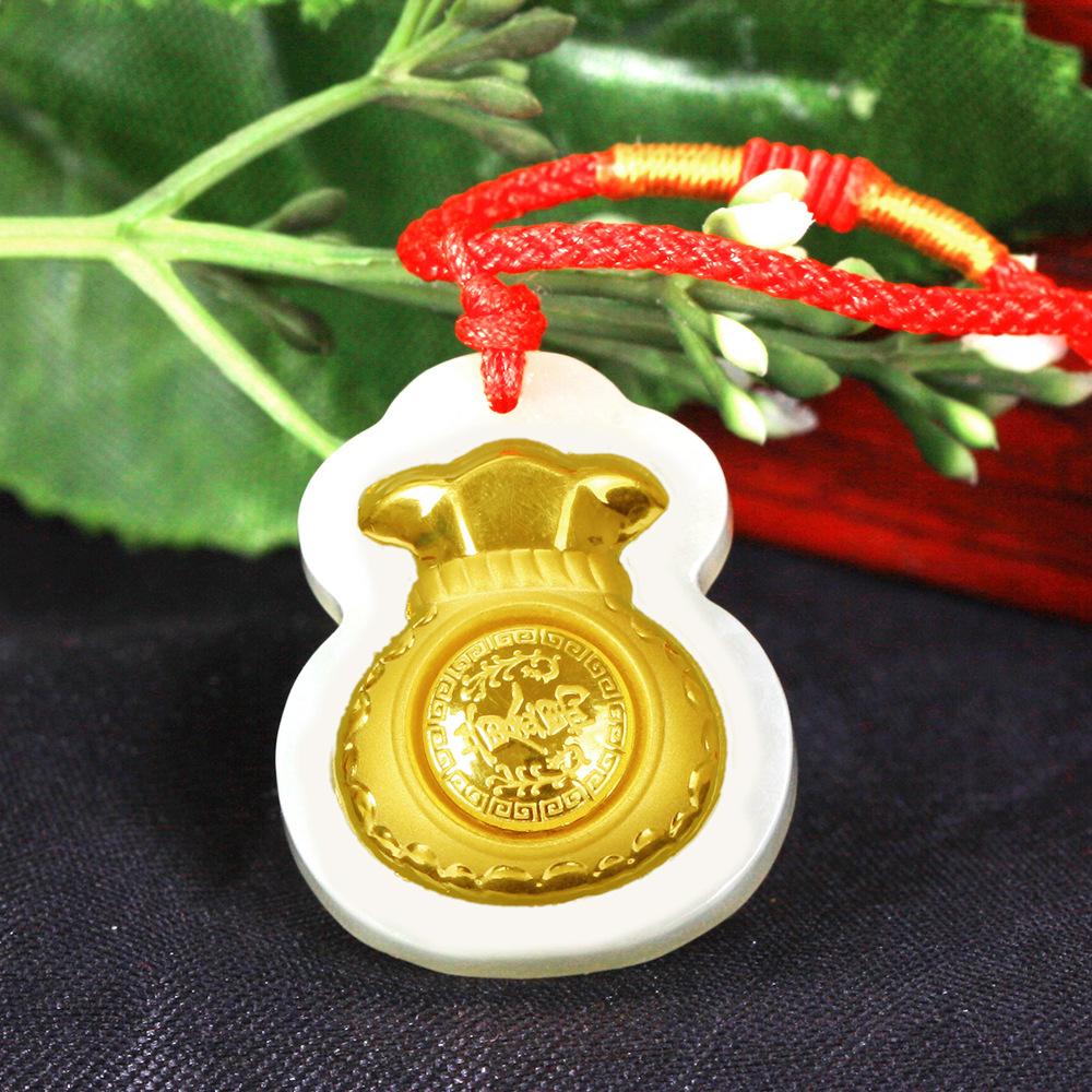 新款金镶玉 4d和田玉足金 时来运转福袋钱袋吊坠财源滚滚礼品批发