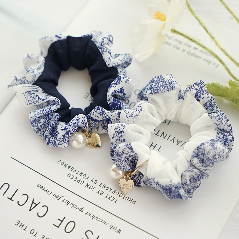 Korean New Blue and White Porcelain Chiffon Cloth Headdress Flower Hair Accessories Female Online Influencer Temperament Korean Style Pearl Large Intestine Hair Ring Wholesale