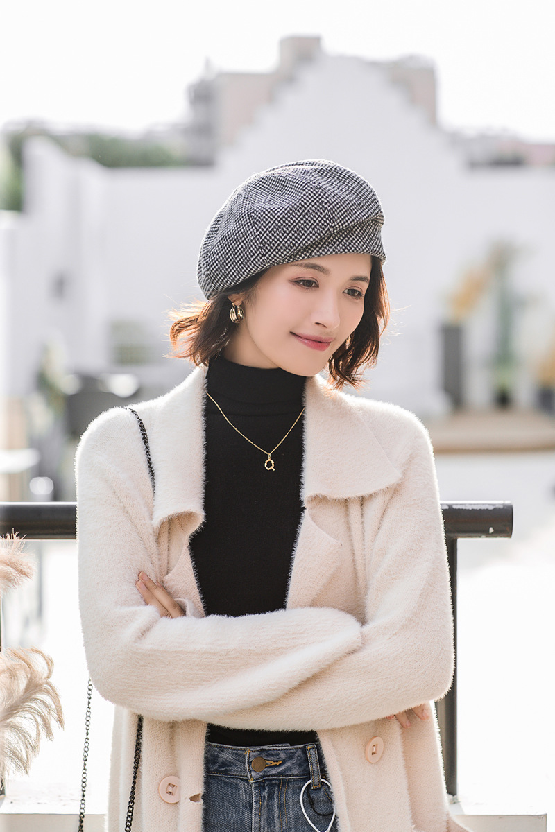 新款千鸟格贝雷帽秋冬贝雷帽子女韩复古英伦日系时尚百搭画家帽女