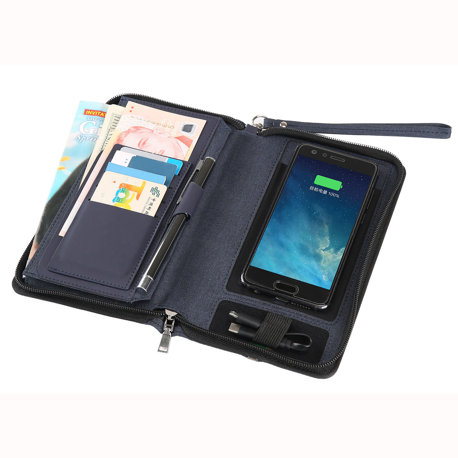 拉链手拿包_多功能钱包移动电源拉链手拿包 无线充电皮夹商务经典pu