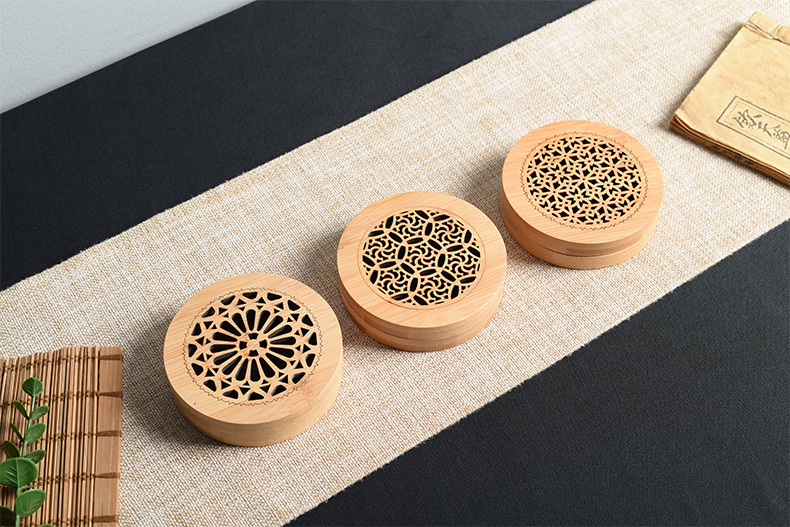 创意木制竹木圆形香薰盒精美沉香檀香熏香盒木质工艺品可定制