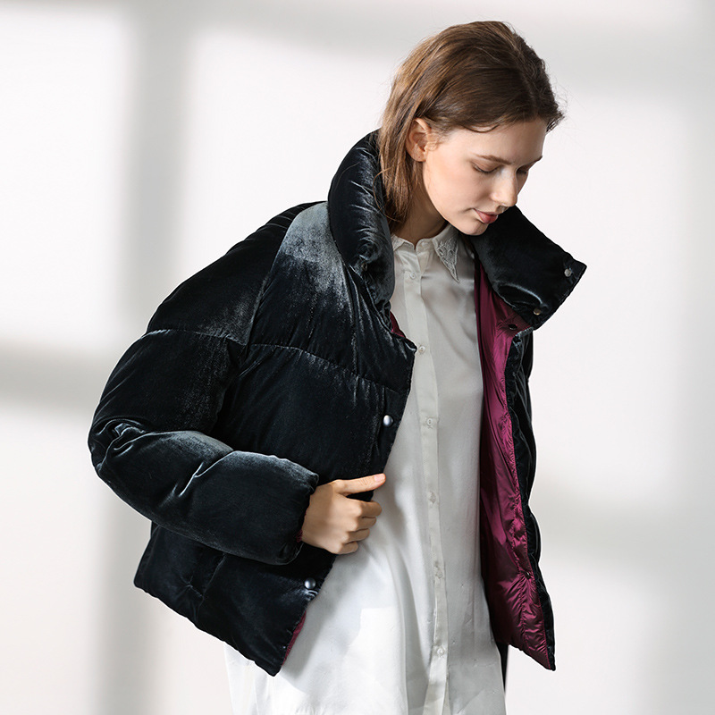 冬季新款欧美女装金丝绒羽绒服加厚外套保暖上衣zhi81676灰蓝色