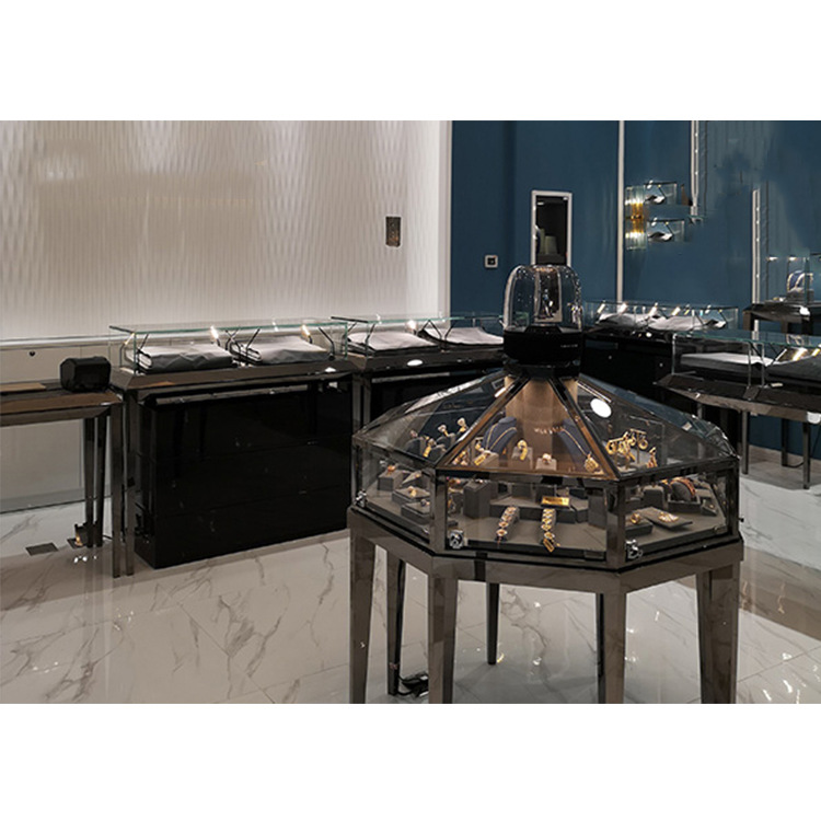 品牌珠宝精品店圆形玻璃展示柜 钻石戒指木质古典颜色展示交易台