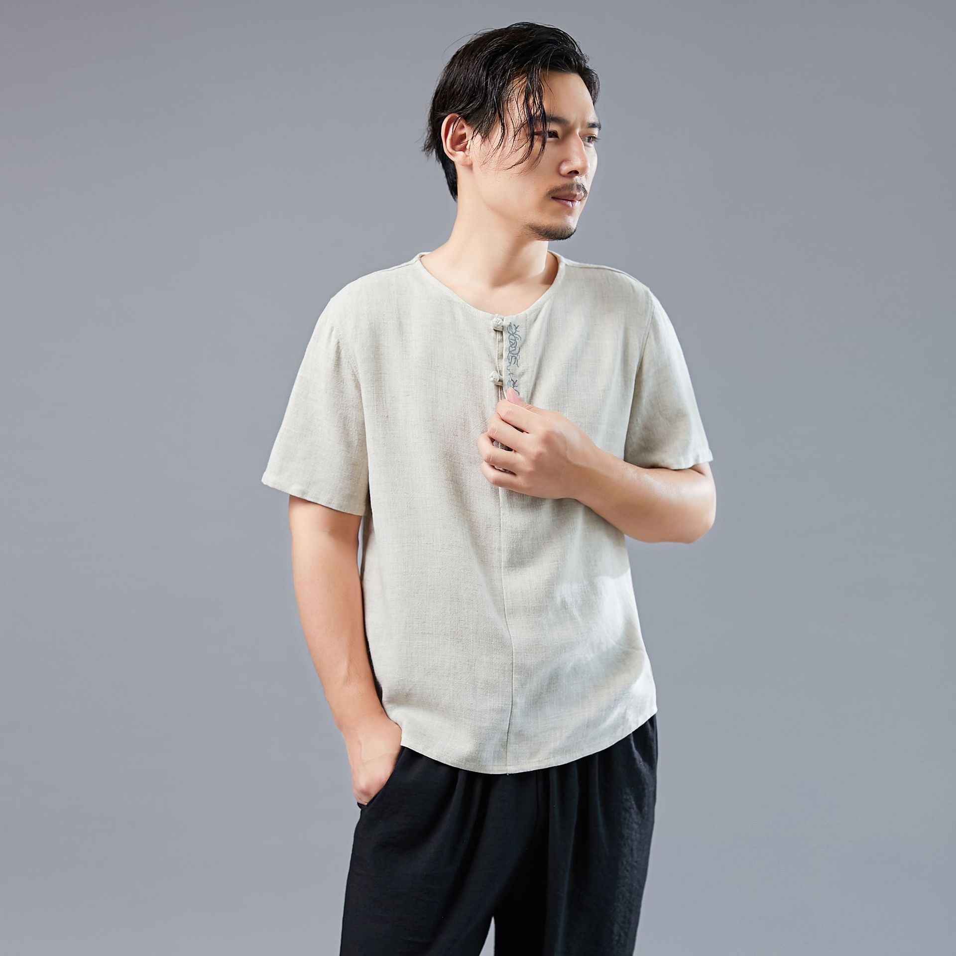 麻凡夏季新款 银三扣 中国风短袖男装棉麻刺绣t恤圆领纯色修身款