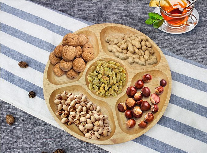 实木多格分隔盘干果坚果盘子水果点心盘碟糖果拼盘圆形木盘