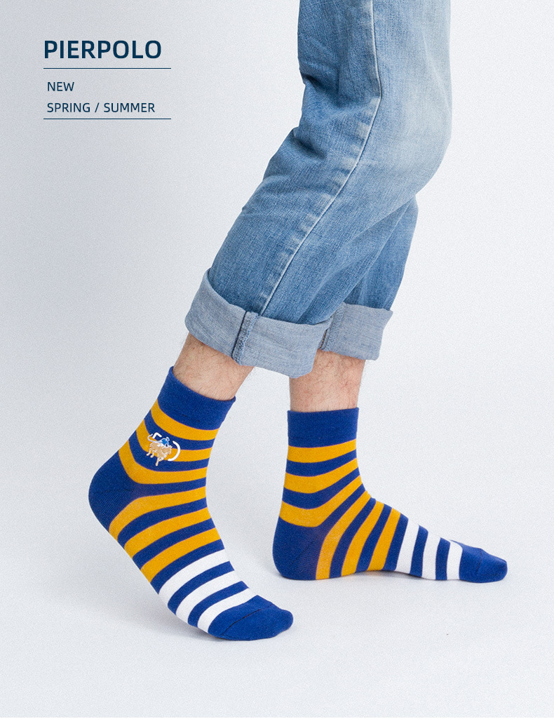袜子男秋冬季款pier polo袜子批发 精梳棉彩色条纹立体烫印中筒袜