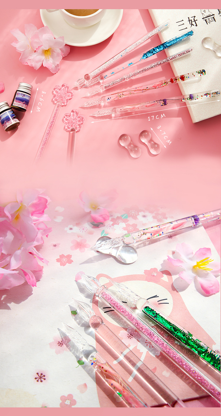 星空玻璃笔 透明樱花钻石流沙入油水晶蘸水笔 玻璃蘸水笔厂家直销