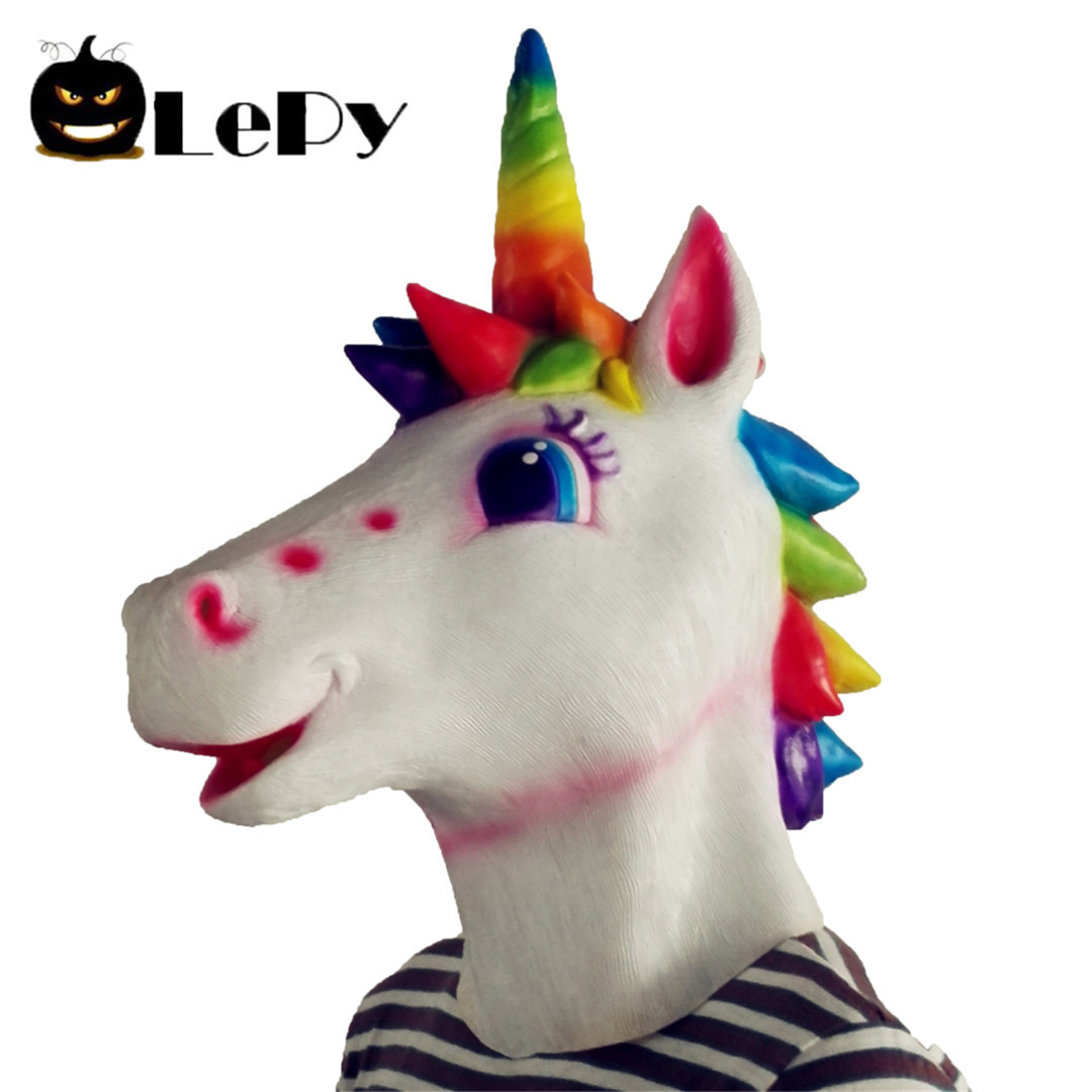 七彩马逼真万圣节派对面具 cos表演动物头套 彩虹马头乳胶面具