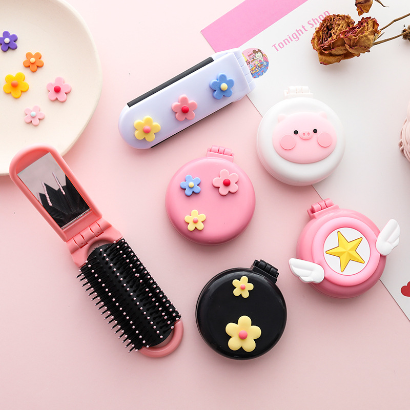 Creative Cartoon Girlish Portable Comb Portable Elegant Flower Air Cushion Comb Folding Comb with Makeup Mirror