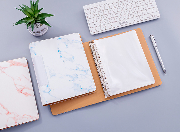 高档a5/100页大理石纹路资料册插页文件夹20孔o型活页册定制logo