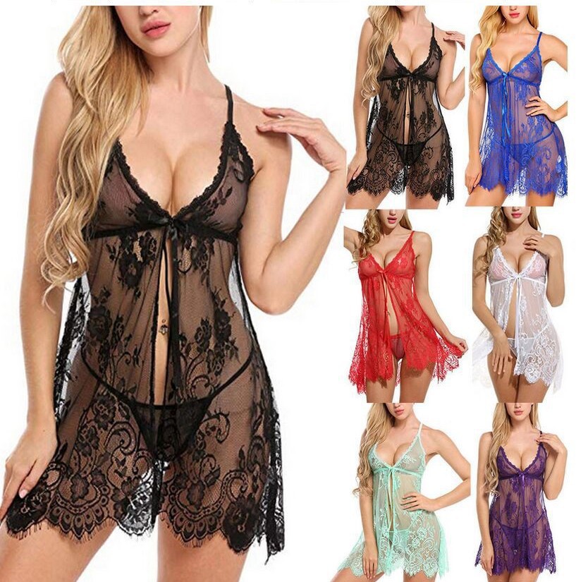 Cross-Border Foreign Trade Sexy Lingerie Women's Lingerie European and American Eyelash See-through Suspender Skirt Slit Pajamas One Piece Dropshipping