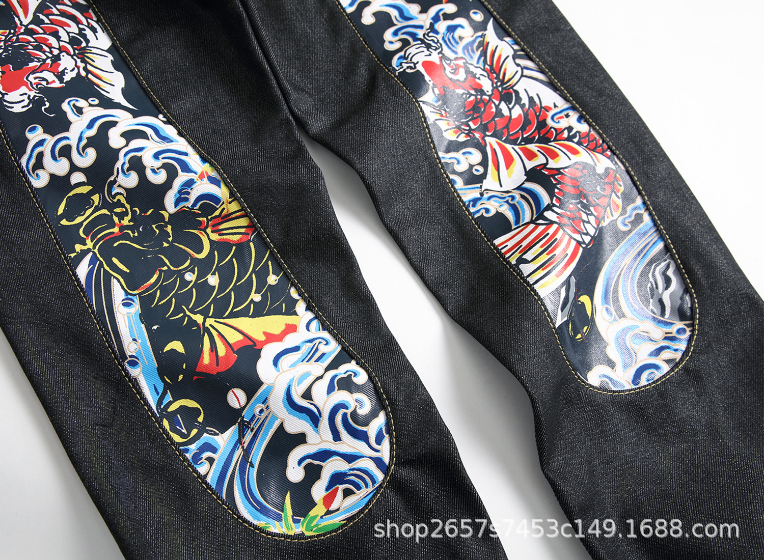 冠希福神牛仔裤男女同款锦鲤原浆个性大m印花修身直筒裤子潮