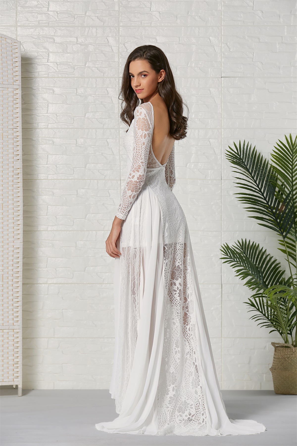 欧美跨境轻礼服2019新款女装连衣裙雪纺蕾丝拼接礼服长裙轻婚纱