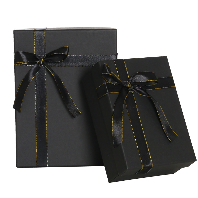 现货黑色丝带蝴蝶结包装盒 黑卡纸盒特种纸礼品盒可定做印logo