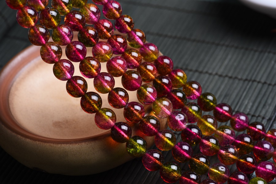 西瓜碧玺爆花晶 半成品 圆珠 串珠 散珠子 diy水晶批发