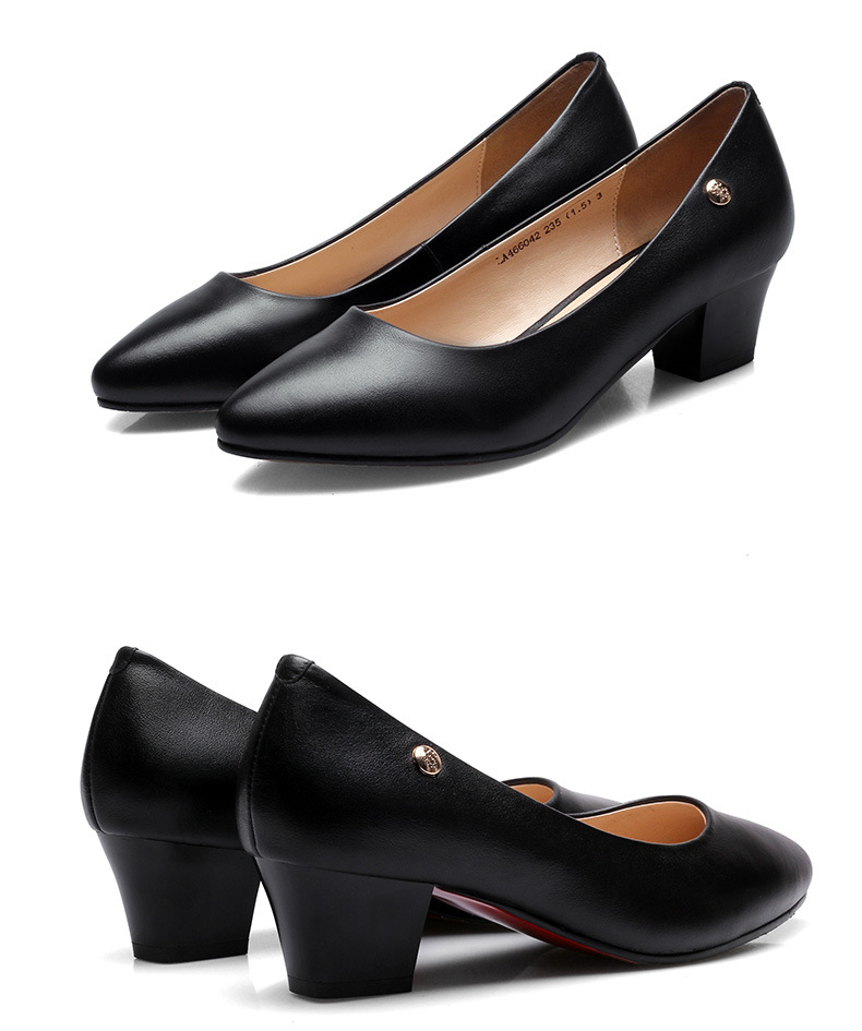 工厂直销强人3515女鞋专柜正品春季新款浅口真皮黑色工作鞋粗跟