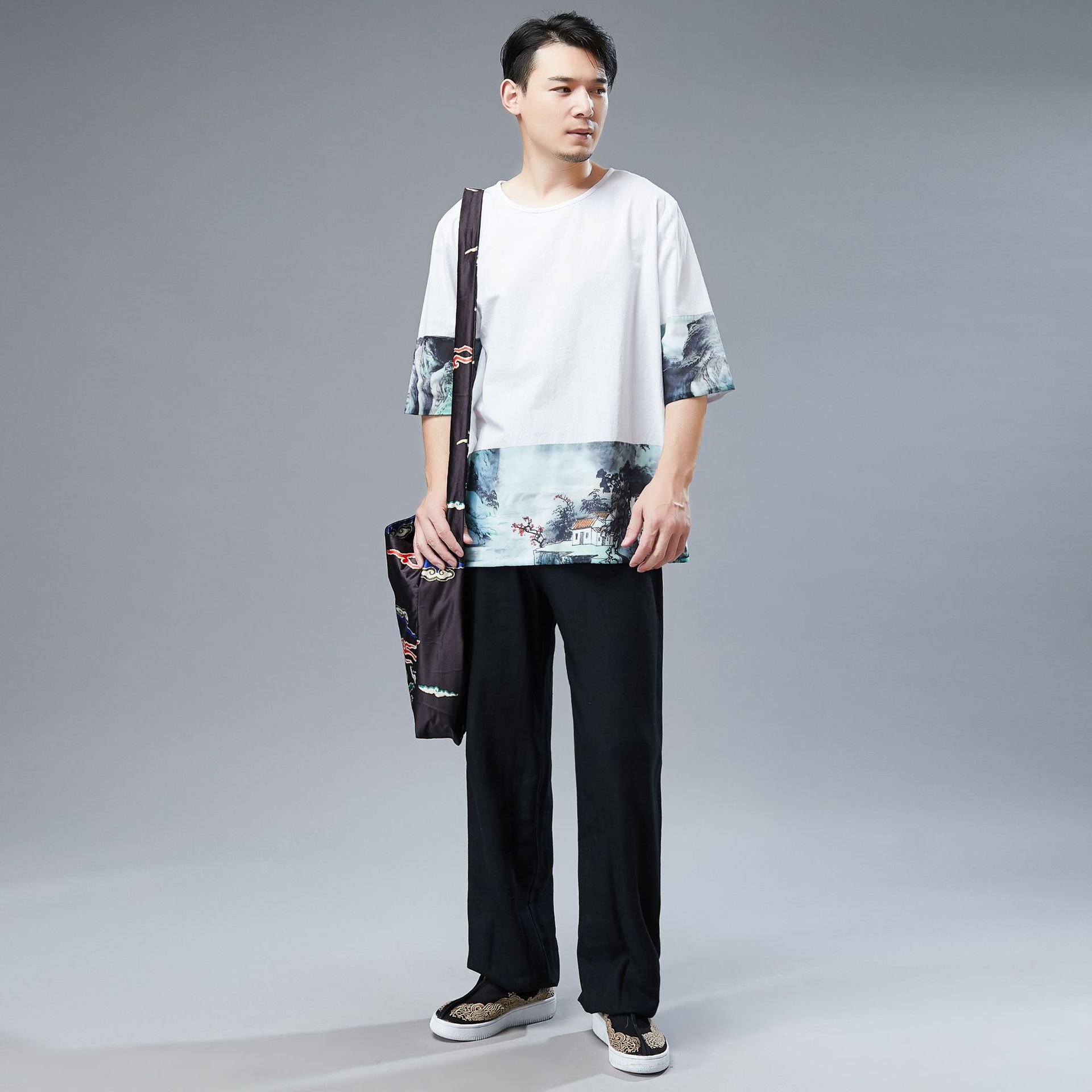 2020夏季男士棉麻短袖t恤 彩色山水短袖 中国风圆领拼接雪纺薄款