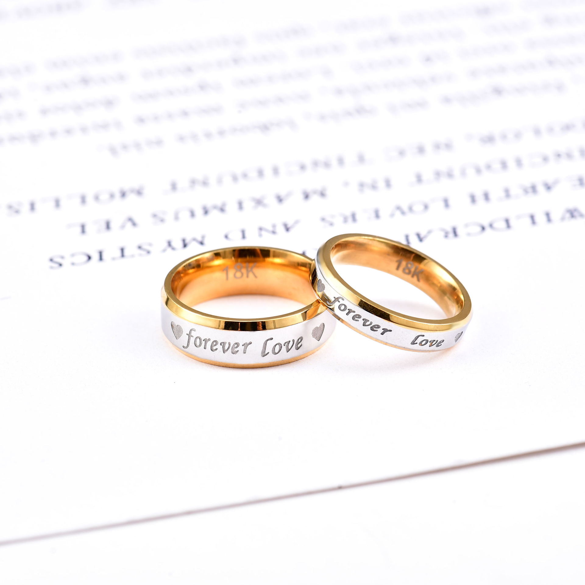 欧美简约时尚forever love 斜边间金色情侣对戒 永恒对戒厂家直销