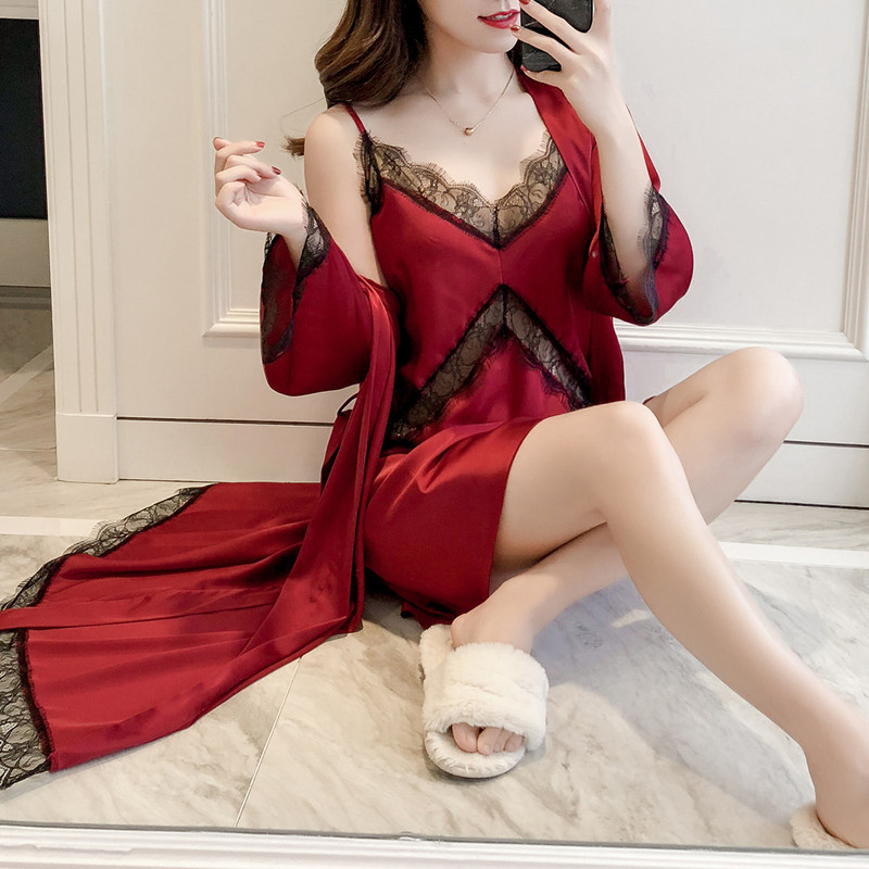 Spring and Summer New Spring and Autumn Ladies' Robe Two-Piece Suit Summer Removable Silk Slip Nightdress Nightgown with Chest Pad