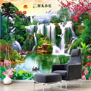 电视背景墙纸 3d5d8d大型壁画客厅中式山水画 办公室流水生财壁纸