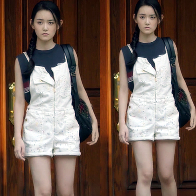 带着爸爸去留学蒋依依武丹丹同款韩版无袖t恤显瘦白色牛仔背带裤