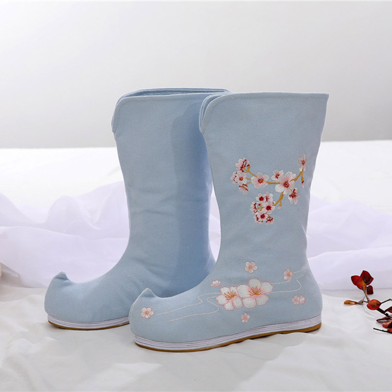 秋季新款汉服靴子女古风翘头内增高绣花布靴古装冬季加绒长筒棉靴