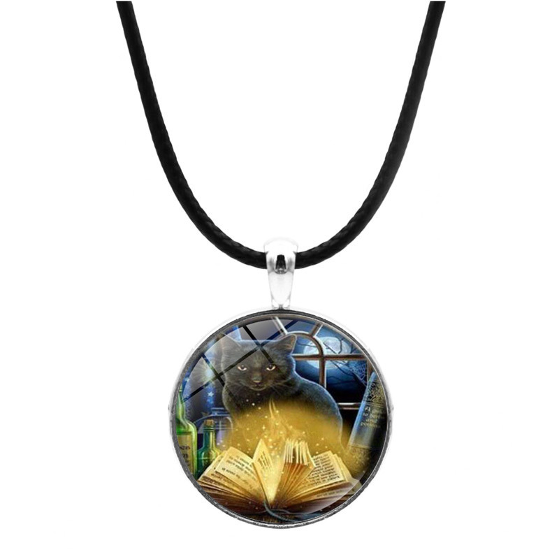 跨境新品配饰 黑猫与魔法书时光宝石项链 欧美时尚皮绳吊坠首饰