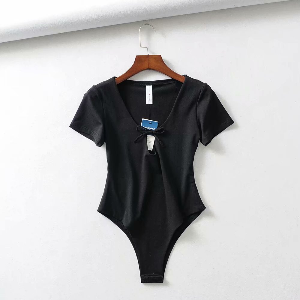 2019夏季新款 欧美风 镂空系带 修身短袖连体t恤 女3色