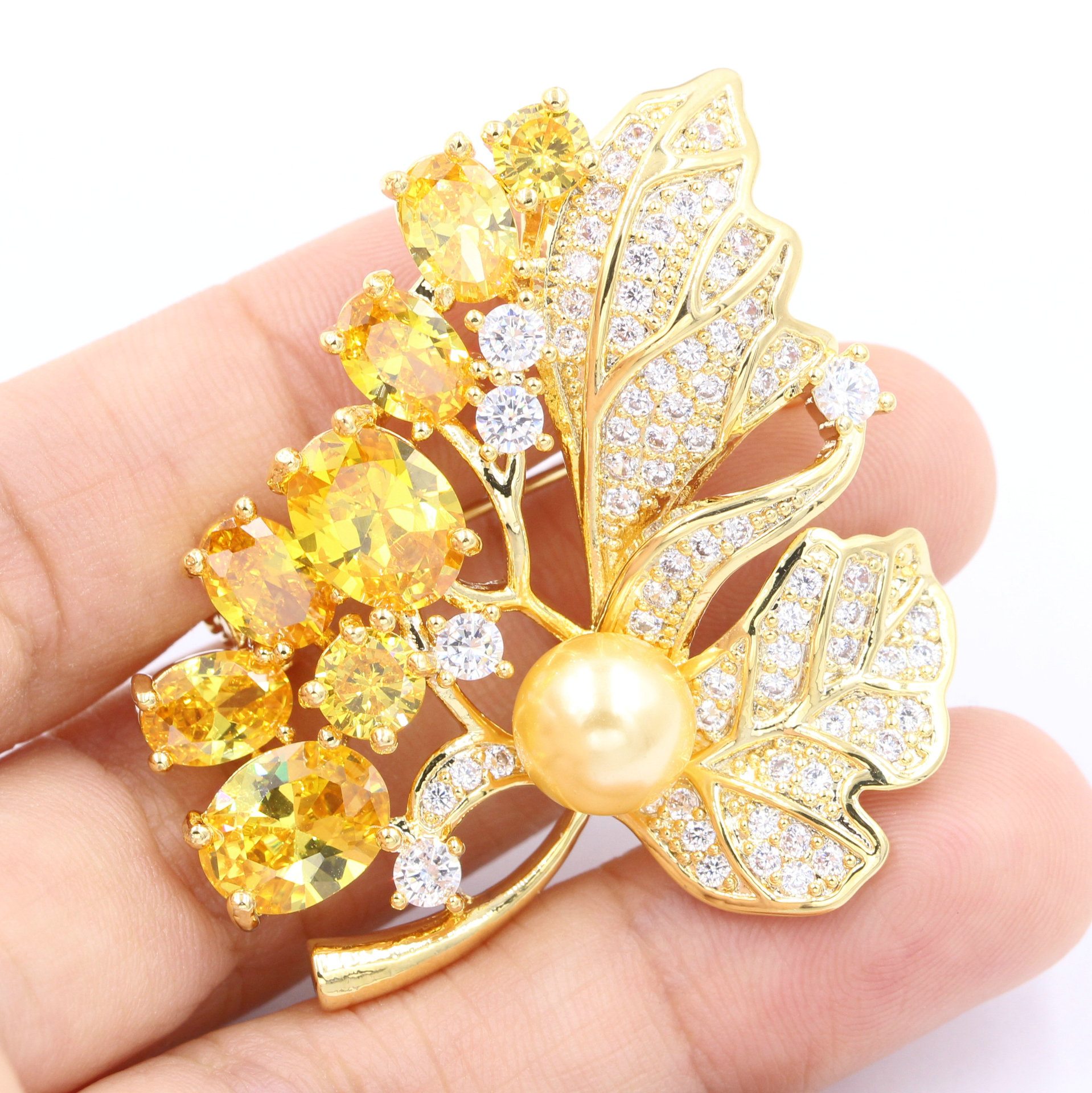 珍珠胸针吊坠空托配件 diy微镶叶子项坠别针两用胸花手工半成品