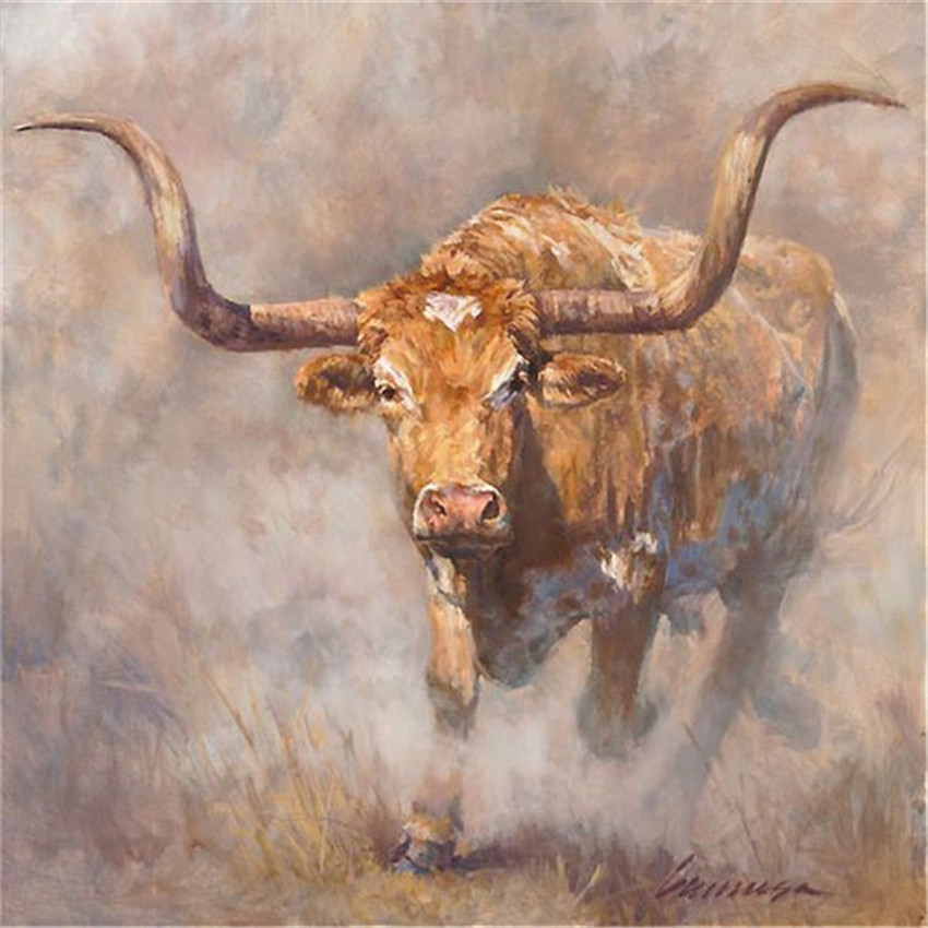 亚马逊ebay wish 经典北欧抽象艺术动物牛头手工油画装饰画可定制