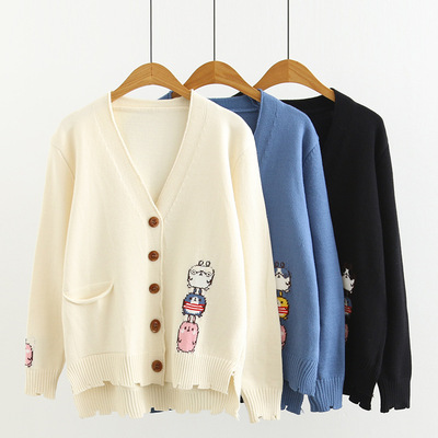 日系秋装可爱小鸟提花v领开衫毛衣外套少女百搭针织衫上衣女1320